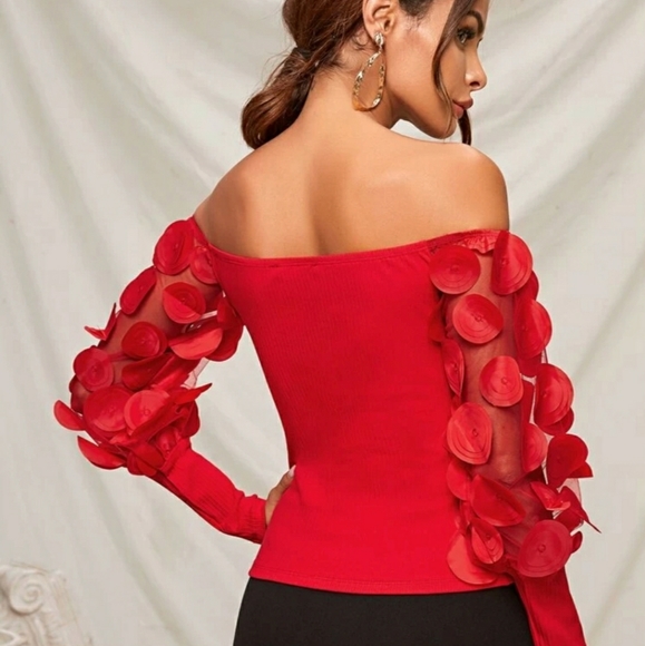 NWOT Gorgeous red applique mesh lantern sleeve top - Picture 3 of 6